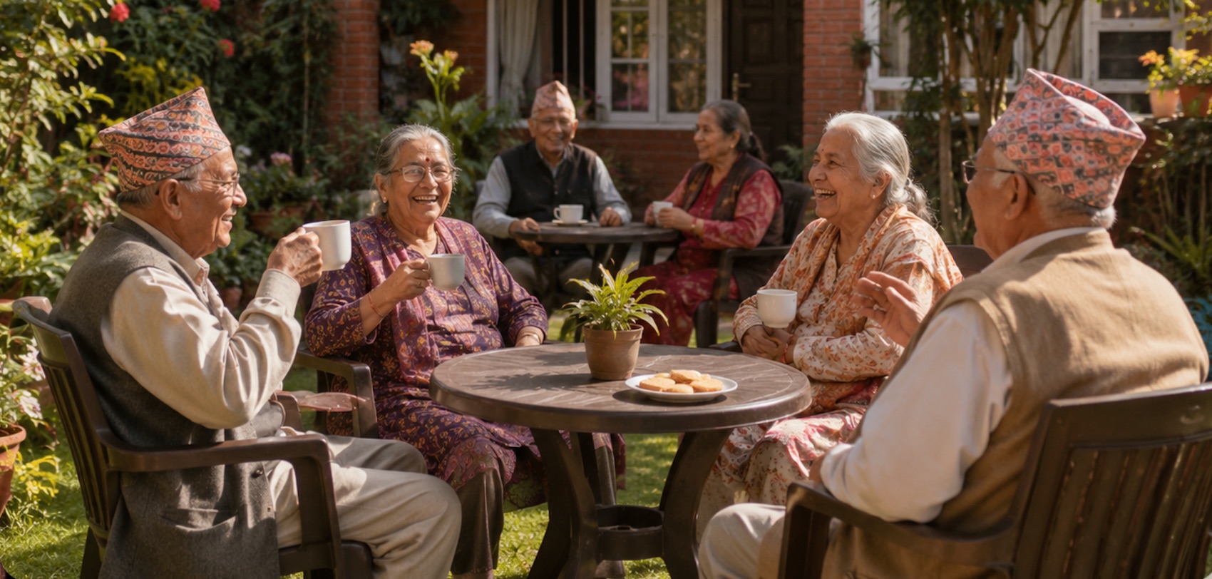 Illustrative scene of elders laughing over tea and biscuits around garden tables