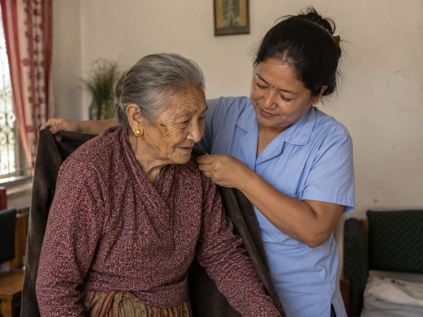 Illustrative scene of a caregiver helping an elderly woman with her clothing