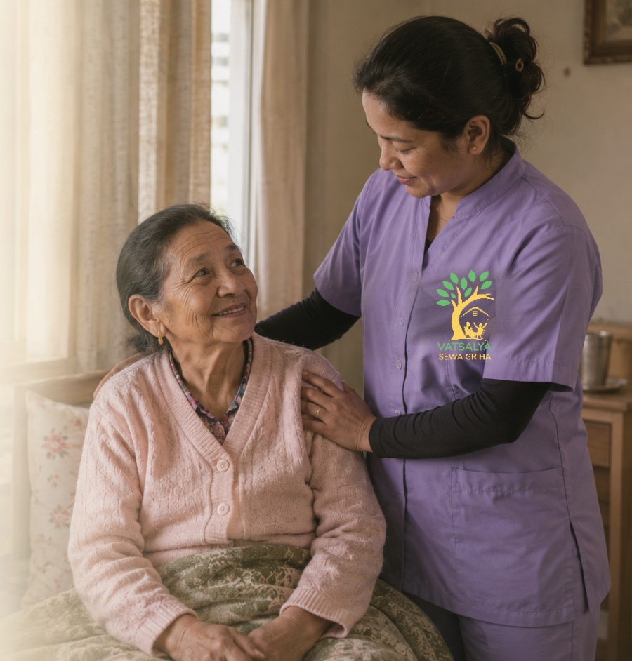 Illustrative scene of a caregiver resting a hand on an elder woman's shoulder by a sunlit window