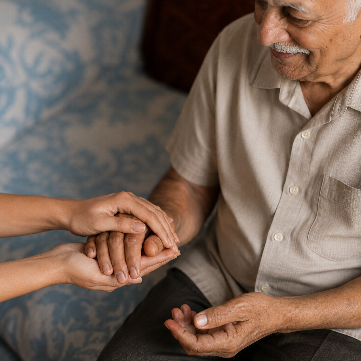Illustrative scene of a caregiver gently holding an elder man's hands