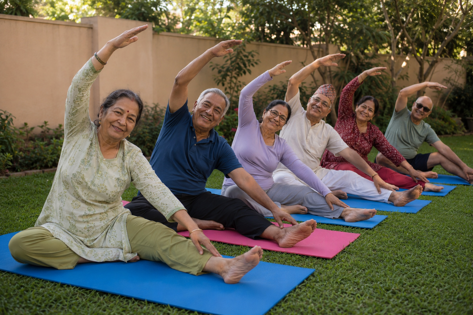 Illustrative scene of seniors doing yoga together on mats in a garden